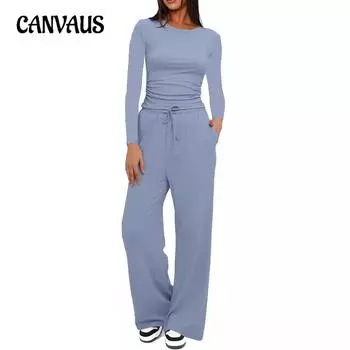 Осенний женский повседневный брючный костюм с плиссированными украшениями, однотонный топ с длинными рукавами, широкие брюки с высокой талией, толстовка S чёрный