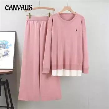 Осенний женский повседневный комплект больших размеров, свободный свитер с круглым вырезом и широкими брюками One Size абрикосовый