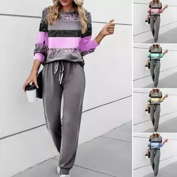 Осенний женский повседневный костюм для отдыха с разноцветным принтом XXXL зелёный