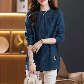 Осенний женский повседневный однотонный свитер средней длины с круглым вырезом XXXXXL оранжевый