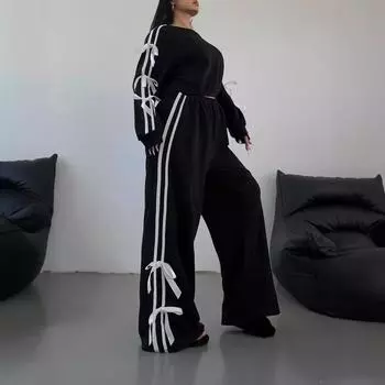 Осенний женский повседневный свитер с длинными рукавами и свободные брюки из двух предметов S чёрный