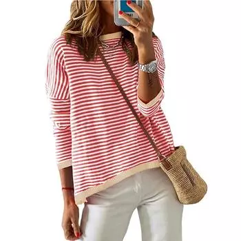 Осенний женский повседневный топ с круглым вырезом в полоску и длинными рукавами S светло-серый