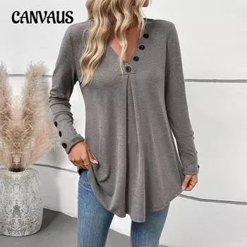 Осенний женский повседневный топ средней длины с V-образным вырезом и длинными рукавами, однотонный S серый