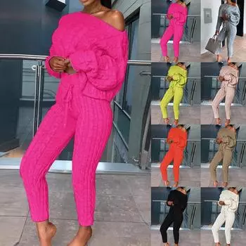 Осенний женский повседневный вязаный комплект, сексуальный комплект из двух предметов, свитер с длинными рукавами, короткий пуловер, укороченный топ, комплект с длинными штанами на завязках S бежевый