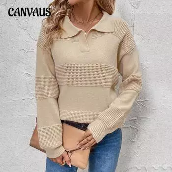 Осенний женский пуловер с длинным рукавом и лацканами, однотонный свитер S хаки