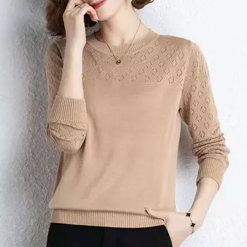 Осенний женский пуловер с вырезом из ледяного шелка, свитер с длинными рукавами, женский повседневный трикотаж с круглым вырезом, однотонный женский свитер