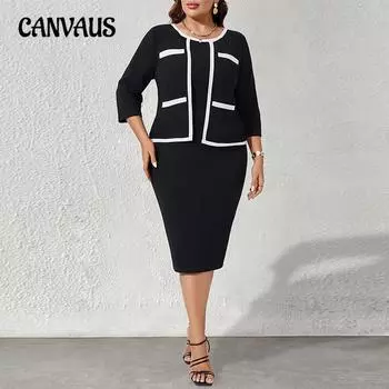 Осенний женский ретро классический элегантный пригородный жилет большого размера с лифом платье куртка костюм 1XL черный белый