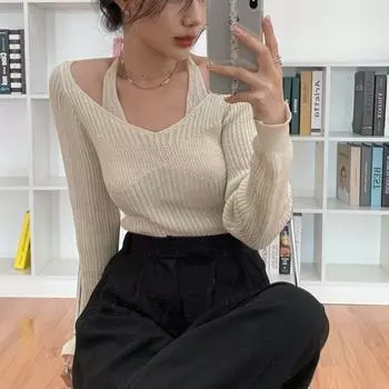 Осенний женский сексуальный свитер с халтером, свитер с длинным рукавом, V-образный вырез, базовые топы, модный эластичный женский однотонный вязаный джемпер y2k One Size
