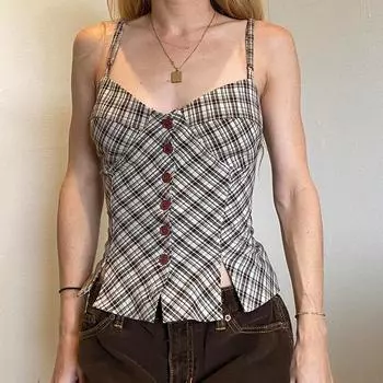 Осенний женский сладкий и пряный стиль, маленький V-образный вырез, приталенный, клетчатый ретро-дизайн, короткий топ без рукавов S коричневый