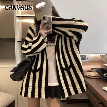 Осенний женский свитер Черно-белая куртка с капюшоном в вертикальную полоску Свободный ленивый длинный вязаный кардиган Повседневный свитер большого размера One Size чёрный
