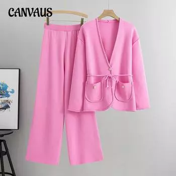 Осенний женский свитер-костюм большого размера, трикотажная одежда, повседневная куртка из шамбре, вязаный пояс, модный брючный костюм One Size хаки