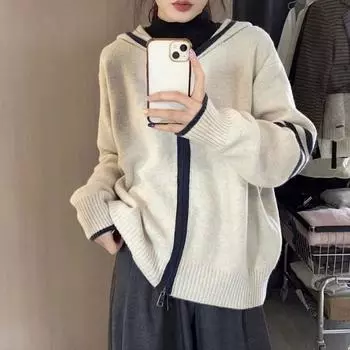 Осенний женский свитер на молнии с капюшоном, цветной вязаный кардиган, дизайнерский нишевый винтажный внешний свитер, куртка, топ One Size бежевый