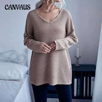 Осенний женский свитер, повседневный женский свободный однотонный свитер с длинными рукавами и v-образным вырезом, толстый игольчатый свитер S коричневый