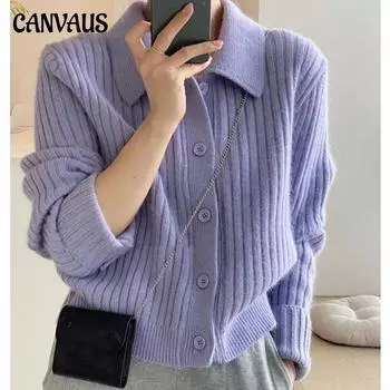 Осенний женский свитер, простой вязаный кардиган с воротником-поло, короткий однотонный топ One Size красный