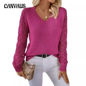 Осенний женский свитер-пуловер большого размера с сетчатыми рукавами и V-образным вырезом S абрикосовый