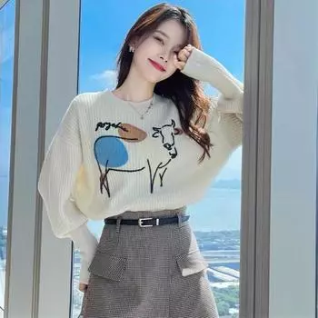 Осенний женский свитер с длинным рукавом, свитер с круглым вырезом, базовый укороченный топ, модный эластичный женский вязаный джемпер с рисунком из мультфильмов y2k One Size