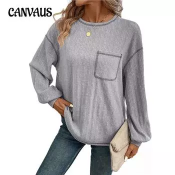 Осенний женский свитер с длинным рукавом в полоску, однотонный, с круглым вырезом, с карманом, повседневная свободная блузка S абрикосовый