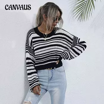 Осенний женский свитер с круглым вырезом и длинным рукавом, вязаный короткий полосатый свитер S чёрный