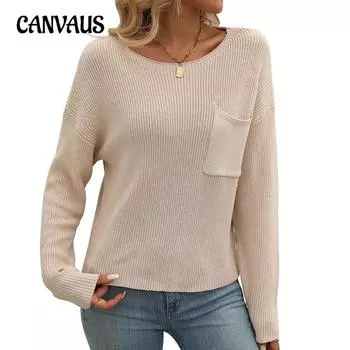 Осенний женский свитер с круглым вырезом и карманами, украшенный сверху и длинными рукавами S чёрный