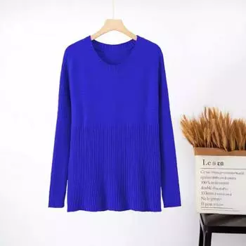 Осенний женский свитер с круглым вырезом и кружевной вязкой на талии S синий