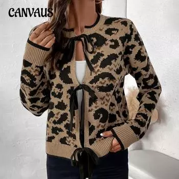 Осенний женский свитер с круглым вырезом и завязкой, кардиган с леопардовым принтом S коричневый/кофейный