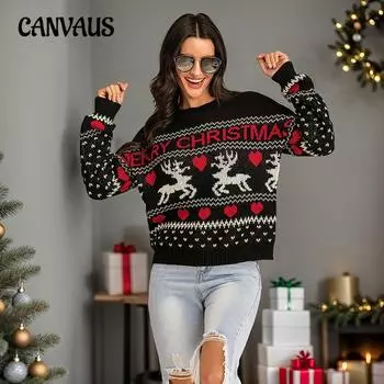 Осенний женский свитер с круглым вырезом и длинным рукавом, повседневный вязаный рождественский свитер S чёрный