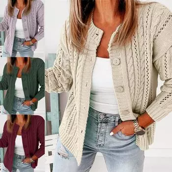 Осенний женский свитер с круглым вырезом на пуговицах, ажурный ажурный свитер, повседневный корейский женский трикотаж, кардиганы с длинным рукавом XL красный