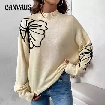 Осенний женский свитер с полувысоким воротом и цветочным принтом S абрикосовый