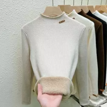Осенний женский свитер с полувысоким воротом на основе плюшевого флиса, зимний толстый бархатный теплый пуловер, свитера, топы, женские элегантные однотонные повседневные трикотажные изделия 25218 S чёрный