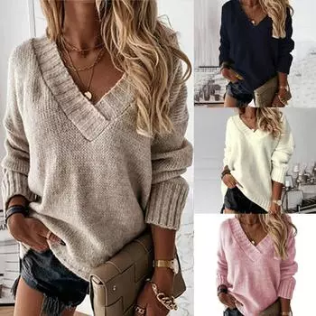 Осенний женский свитер с v-образным вырезом, повседневный однотонный вязаный пуловер, свитер с длинными рукавами S розовый