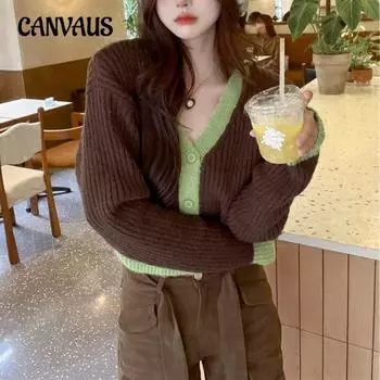 Осенний женский свитер с V-образным вырезом на пуговицах, вязаный кардиган цвета Clash, короткий, с длинным рукавом, маленький, темпераментный топ One Size чёрный