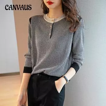 Осенний женский свитер со свободным верхом и круглым вырезом с длинными рукавами, черно-белый вязаный свитер в клетку One Size тёмно-синий