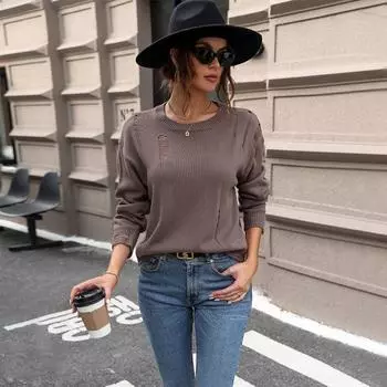 Осенний женский свитер, удобный повседневный модный однотонный ажурный свитер с длинными рукавами S