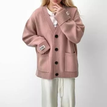 Осенний женский свитер Вязание Базовый модный кардиган с длинным рукавом Свободное повседневное тонкое пальто One Size фиолетовый