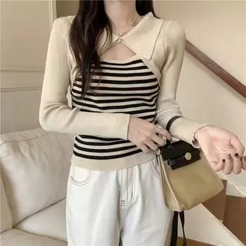 Осенний женский свитер в полоску, лоскутное шитье, имитация двух частей, свитер с лацканами, трикотажные нижние части, эластичные повседневные тонкие свитера One Size