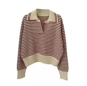 Осенний женский свитер в студенческом стиле, вязаный топ, свободный узкий полосатый пуловер с длинными рукавами, свитер One Size белый