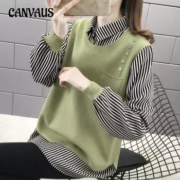 Осенний женский свитер, верхняя одежда, свободный свитер, лоскутная рубашка с воротником, искусственный трикотаж из двух предметов One Size красный