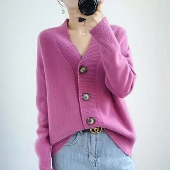 Осенний женский свитер, вязаные базовые модные топы, футболки, кардиган с длинным рукавом, корейская рубашка, свободная повседневная одежда, тонкий пуловер 8201 M фиолетовый