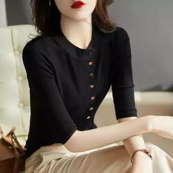 Осенний женский свитер, вязаный свитер с рукавом пять четвертей, тонкая уменьшающая возраст нижняя рубашка, темпераментный топ с круглым вырезом One Size чёрный