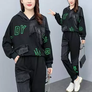 Осенний женский свободный модный повседневный свитер с капюшоном большого размера, костюм из двух предметов XXXXL чёрный