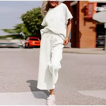 Осенний женский свободный простой однотонный повседневный костюм с завязками на талии, спортивный женский комплект S белый