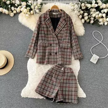 Осенний женский темпераментный клетчатый пиджак с длинными рукавами, свободные широкие шорты, маленький ароматный костюм-двойка M кофейный