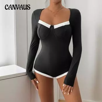 Осенний женский темпераментный комбинезон с длинными рукавами и квадратным вырезом Color Collision, трикотажный, на высокой резинке S чёрный