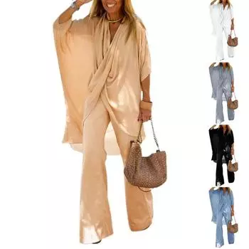 Осенний женский темпераментный повседневный свободный топ нерегулярной крестообразной формы с полурукавами + широкие брюки, костюм из двух предметов, женская одежда XS белый