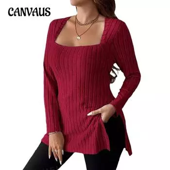 Осенний женский топ больших размеров с разрезом, однотонный, в полоску, с квадратным вырезом и длинными рукавами 1XL бордовый