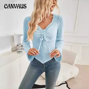 Осенний женский топ больших размеров с расклешенными рукавами, V-образным вырезом, завязками на длинные рукава и полосками S чёрный