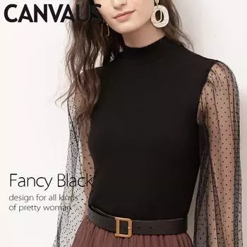 Осенний женский топ Canvaus с высоким воротником и длинными рукавами с пышными рукавами и обтягивающим низом S чёрный