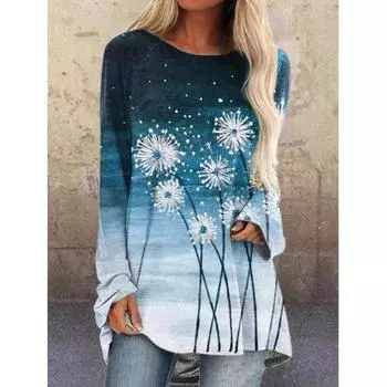 Осенний женский топ с принтом и круглым вырезом, модная повседневная свободная блузка большого размера, большие размеры S синий