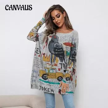 Осенний женский трикотаж больших размеров с мультяшным принтом, свитер с длинными рукавами, повседневный пуловер, свободная рубашка, топ One Size белый