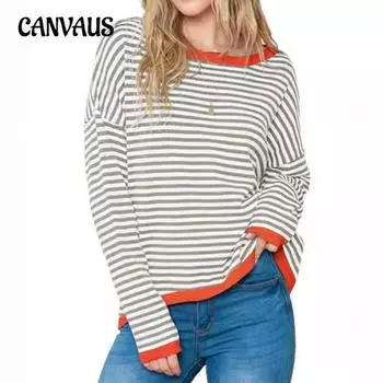 Осенний женский трикотаж больших размеров в полоску, цветной, с заниженной линией плеч, длинный рукав, пуловер S белый